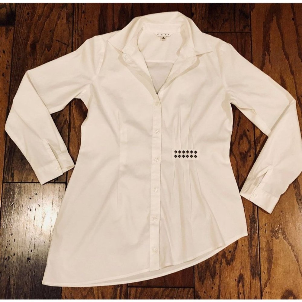 Small CAbi White Chic Top Embellished Asymmetrical Pleated Button Up Shirt Style